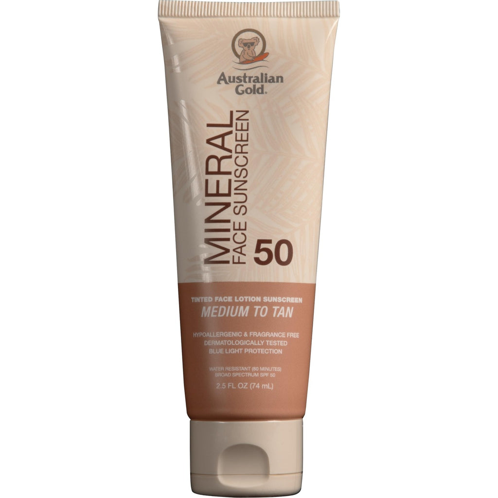 Australian Gold SPF 50 Tinted Mineral Face Sunscreen, Medium-Tan, 2.5 fl oz | Tinted mineral face sunscreen, BB cream finish, buildable coverage, 4% zinc oxide, fragrance free