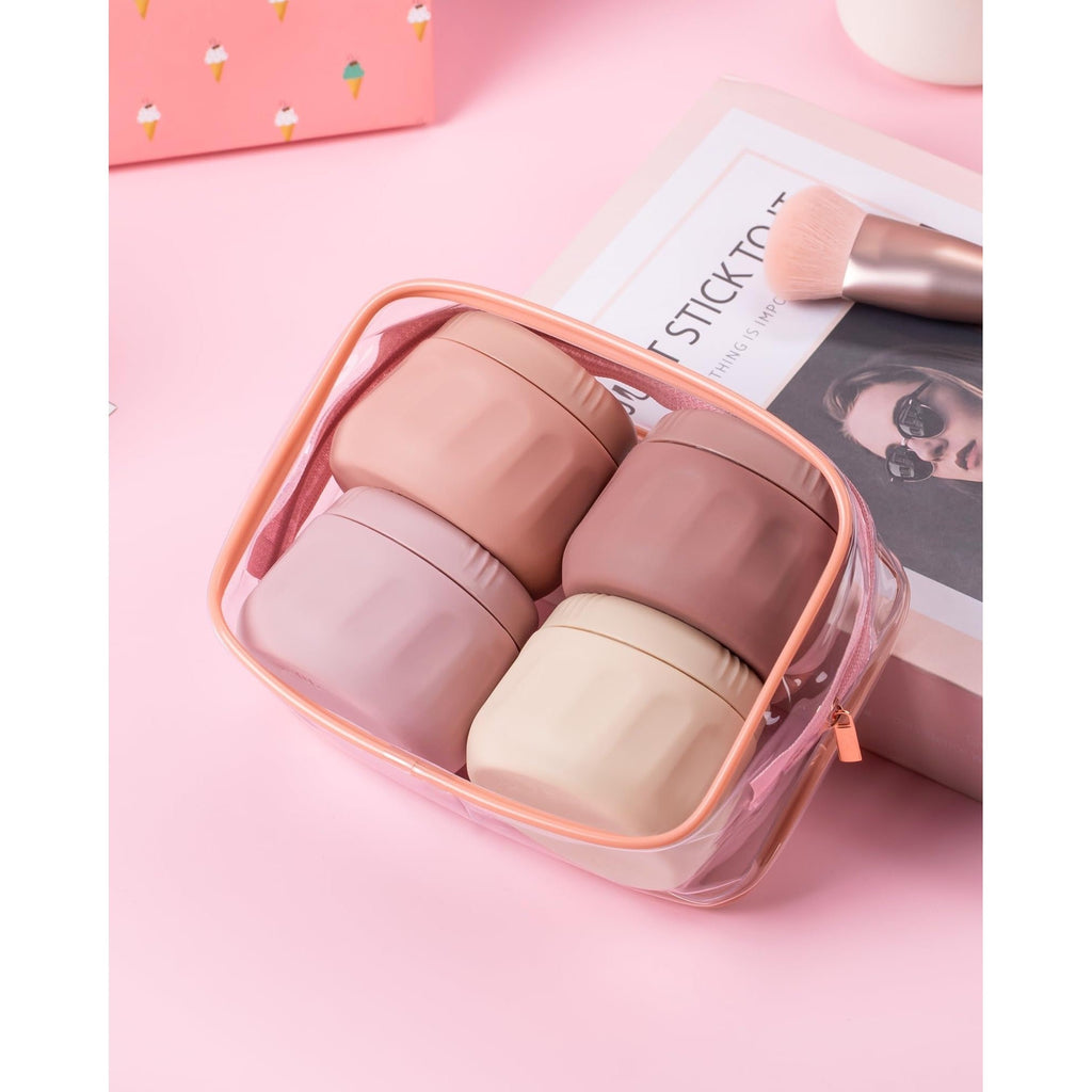 Shop Mrsdry Travel Containers for Toiletries! Set includes four stylish, leak-proof containers in a clear organizer. Available now!