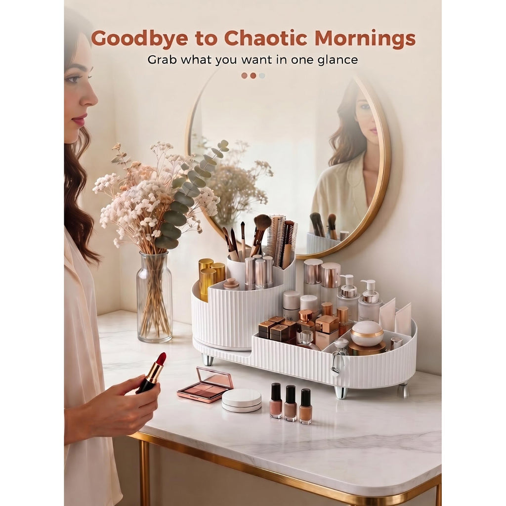 Stylish rotating makeup organizer for easy access. Available now—order online for a tidy vanity solution.