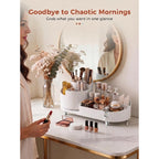 Stylish rotating makeup organizer for easy access. Available now—order online for a tidy vanity solution.