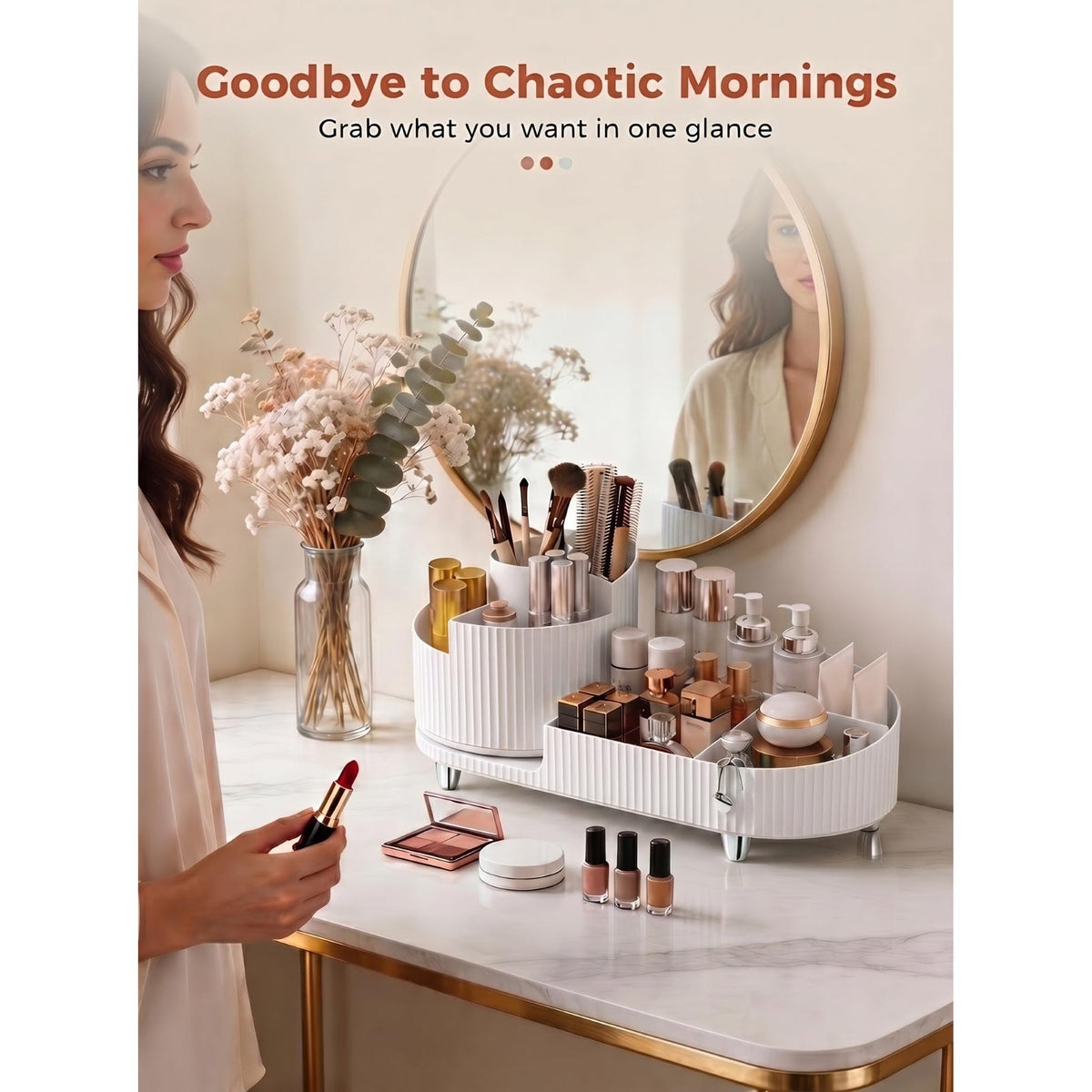 Stylish rotating makeup organizer for easy access. Available now—order online for a tidy vanity solution.