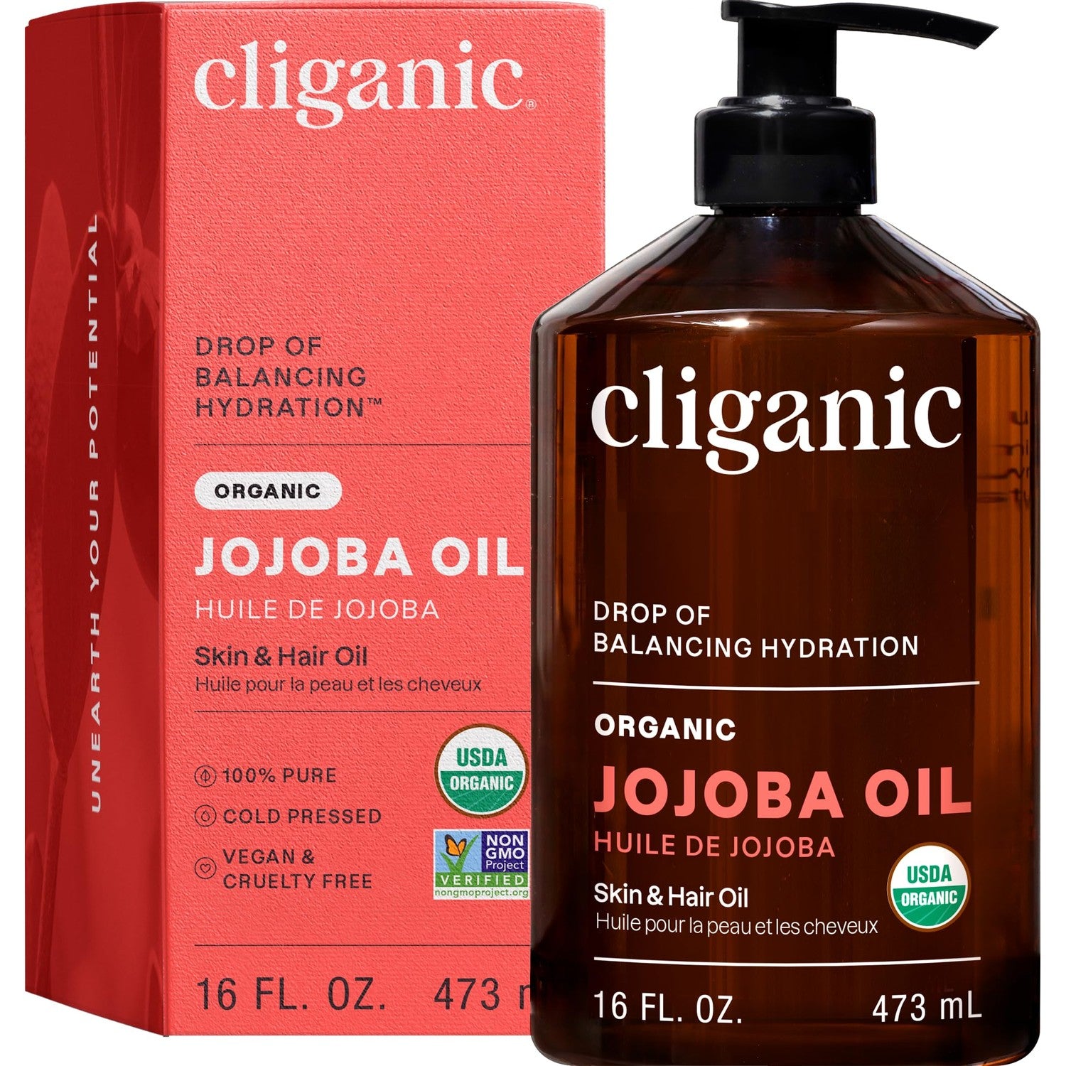 Cliganic Organic Jojoba Oil 16oz with Pump, 100% Pure | Bulk, Moisturizing Oil for Face, Hair, Skin & Nails | Natural Cold Pressed