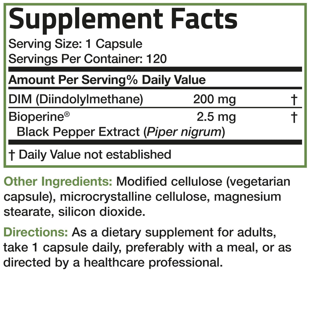 Bronson DIM 200 mg Diindolylmethane with BioPerine, 120 Vegetarian Capsules | Enhanced Absorption, Healthy Estrogen Metabolism & Balanced Hormones for Men & Women, Non-GMO, Gluten-Free & Soy-Free
