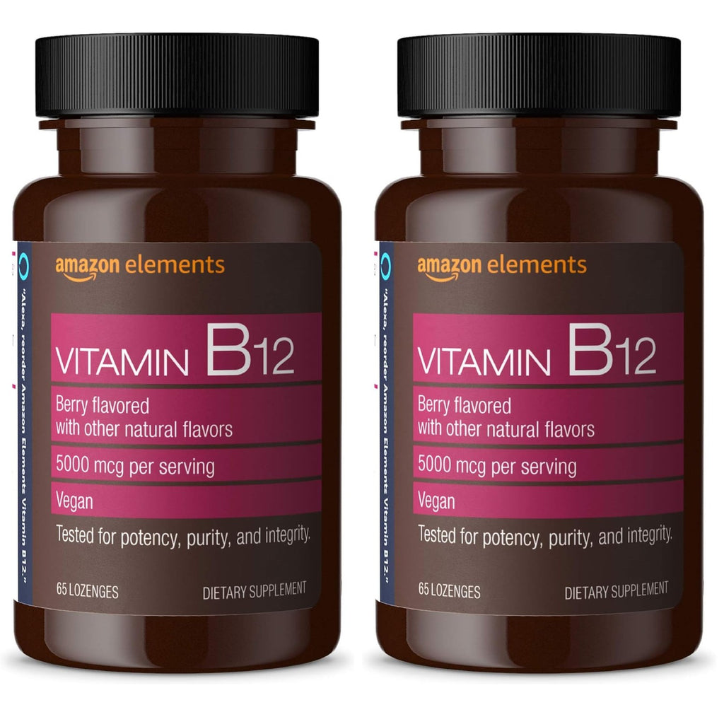 Amazon Elements Vitamin B12 Methylcobalamin 5000 mcg - Normal Energy Production and Metabolism, Immune System Support - 2 Month Supply, Berry Flavored Lozenges, 65 Count (Pack of 2)