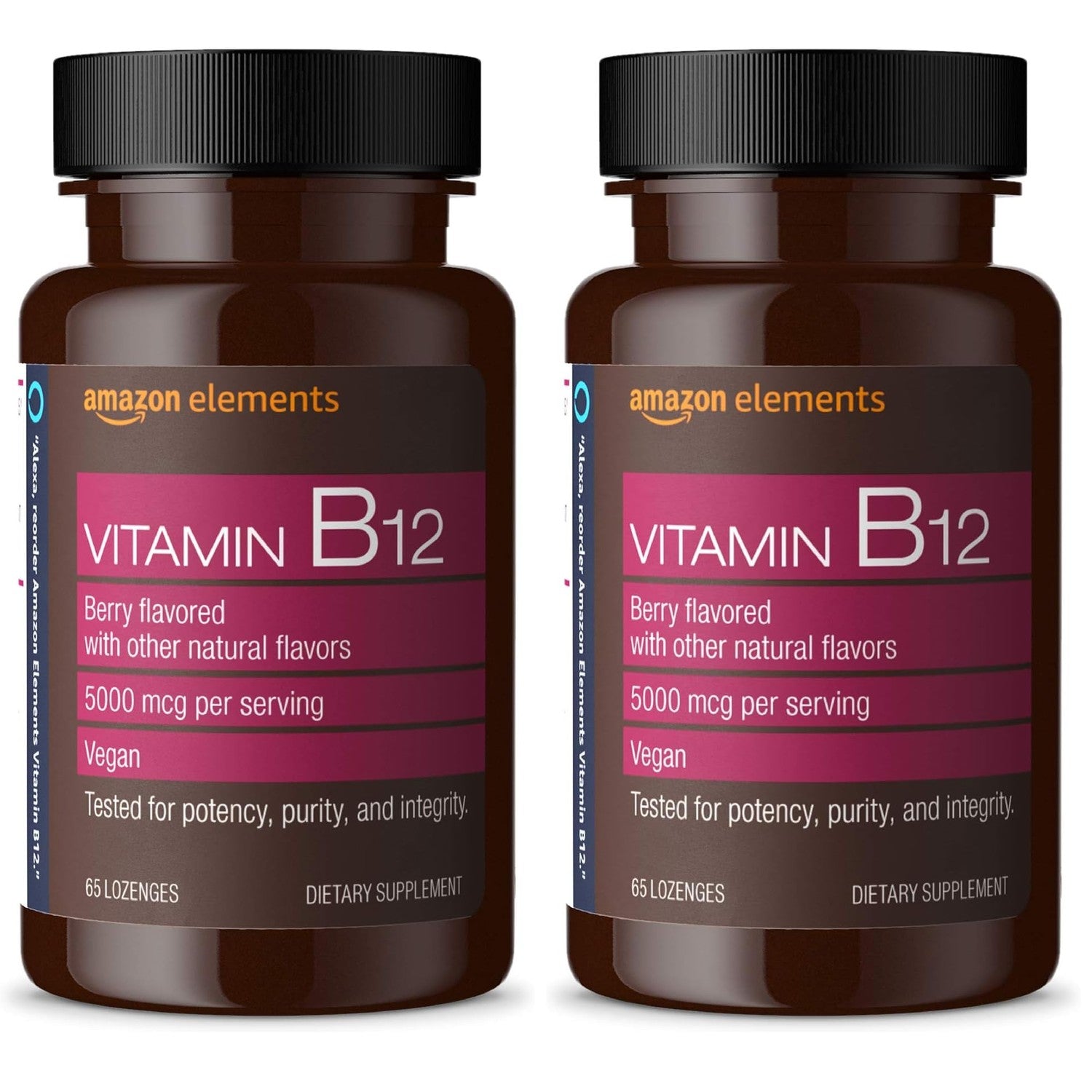 Amazon Elements Vitamin B12 Methylcobalamin 5000 mcg - Normal Energy Production and Metabolism, Immune System Support - 2 Month Supply, Berry Flavored Lozenges, 65 Count (Pack of 2)