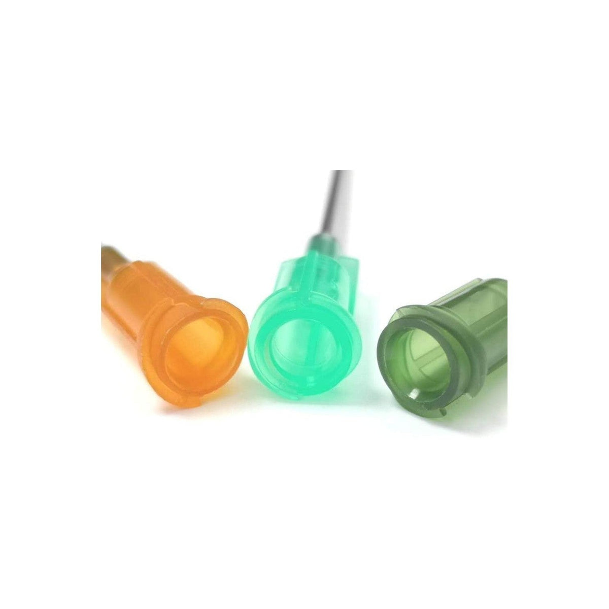 Premium imported synthetical blunt tip dispensing needles in vibrant orange and green hues for precise application.