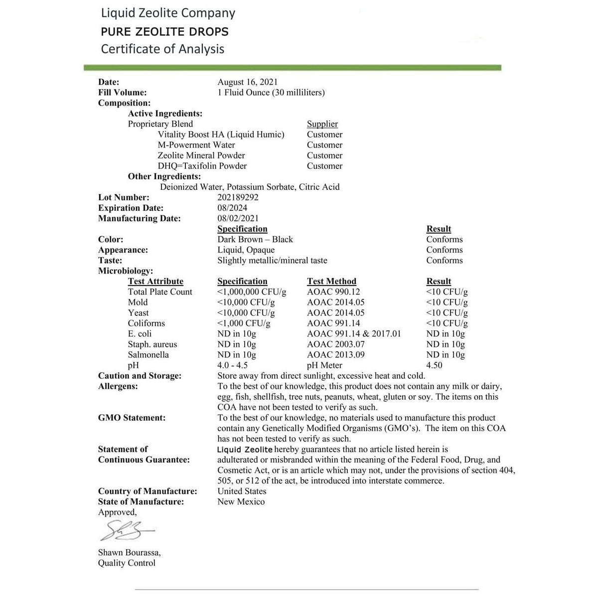 Official analysis certificate for Liquid Zeolite Company's Pure Zeolite Drops, detailing ingredients and compliance.