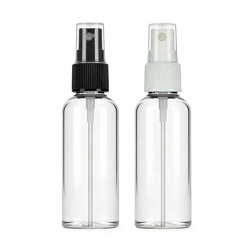 Authentic refillable travel spray bottles in black and white, perfect for carrying liquids on the go.