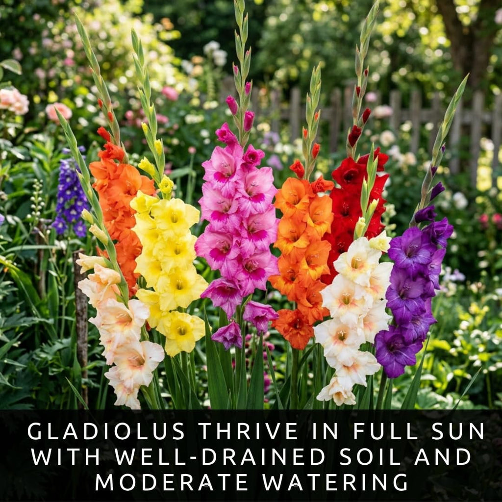Mixed colors of gladiolus bulbs showcasing vibrant blooms; 100% Authentic and available in India at Curat Cart.
