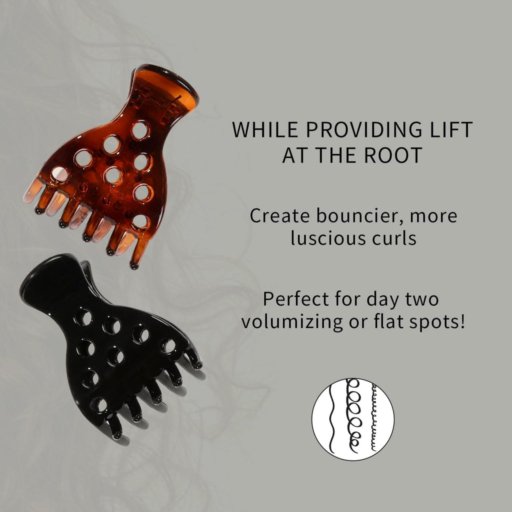 Premium imported hair volume clips in amber and black, perfect for creating bouncier curls and adding lift at the roots.