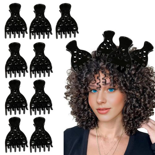 Authentic set of 10 black root clips designed to add volume, perfect for enhancing curly hairstyles.