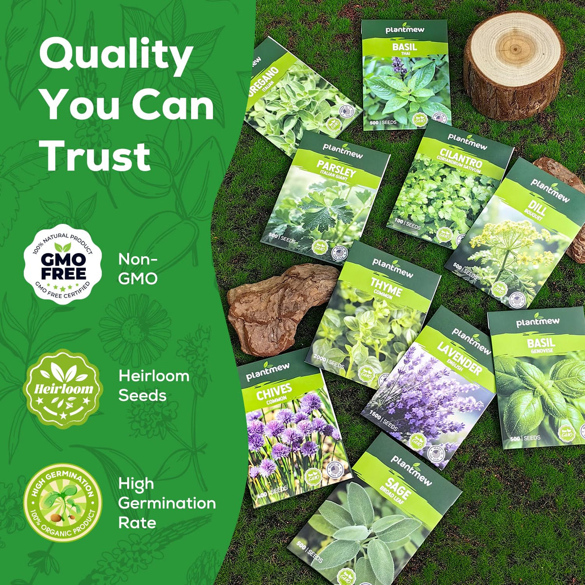 Herb Seeds Variety Pack featuring non-GMO, heirloom seeds with high germination rates. Available at Curat Cart.