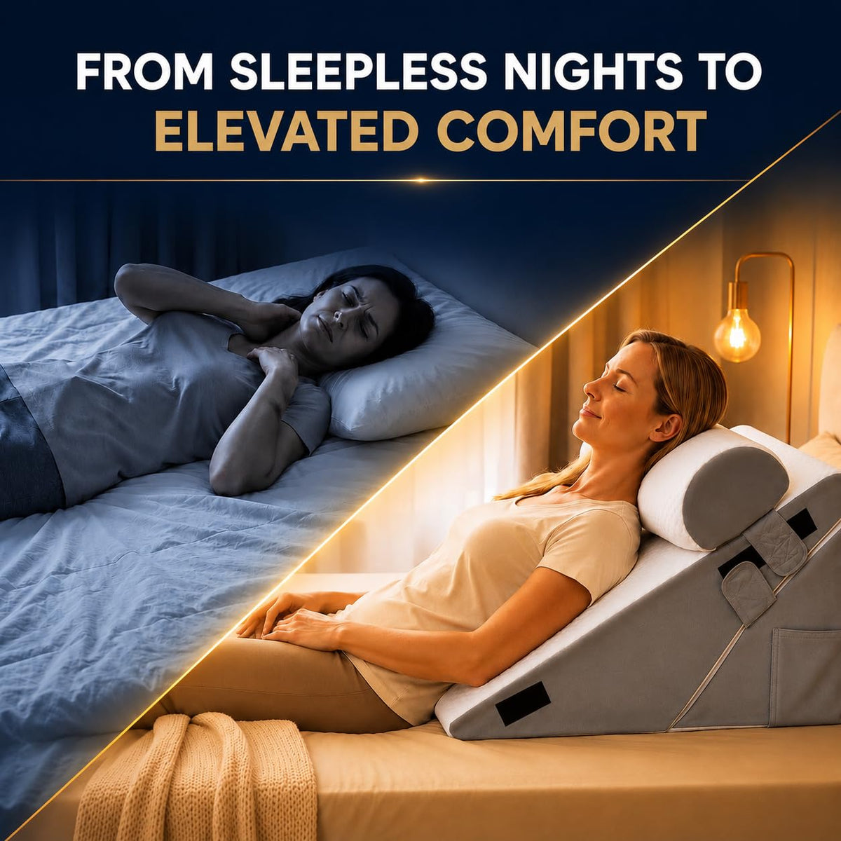Transform sleepless nights into elevated comfort with the Adjustable Wedge Pillow for Sleep, featured in high-quality packaging from Curat Cart.