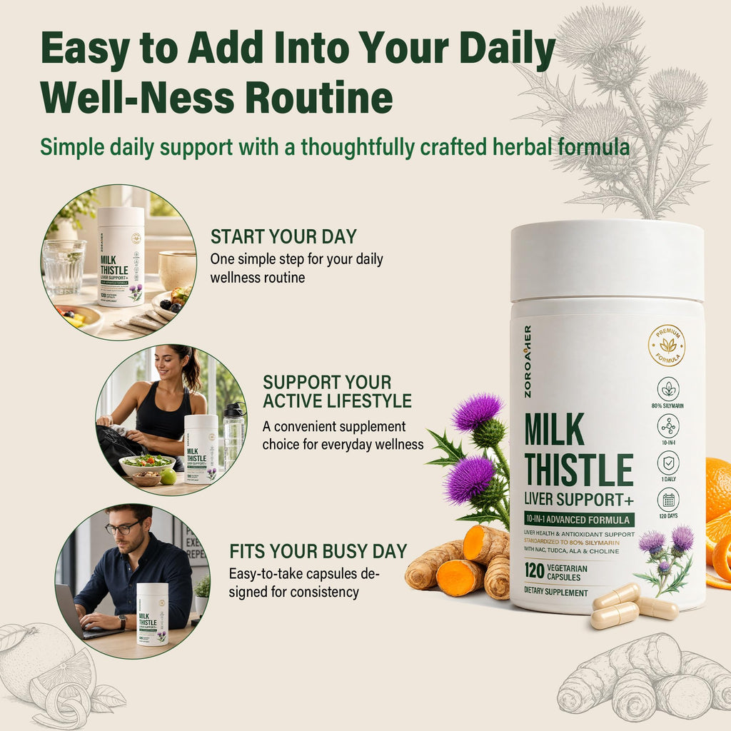 Milk Thistle Liver Support Supplement in official packaging, offering daily wellness support with 120 vegetarian capsules. Available at Curat Cart.