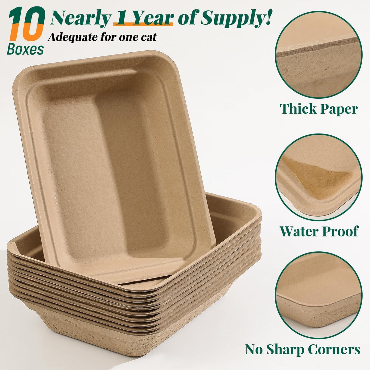 Durable disposable litter box for cats, made from thick, waterproof paper. Convenient 10-pack from Curat Cart ensures long-lasting use.
