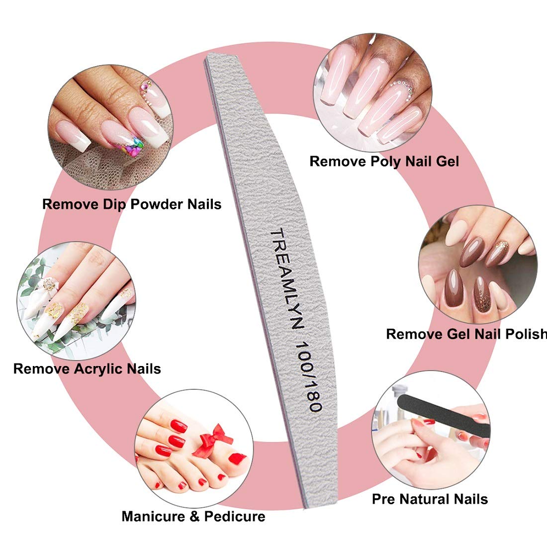 Set of 10 TREAMLYN 100/180 grit nail files, perfect for acrylic, gel, and dip powder removal. Verified by CuratCart.