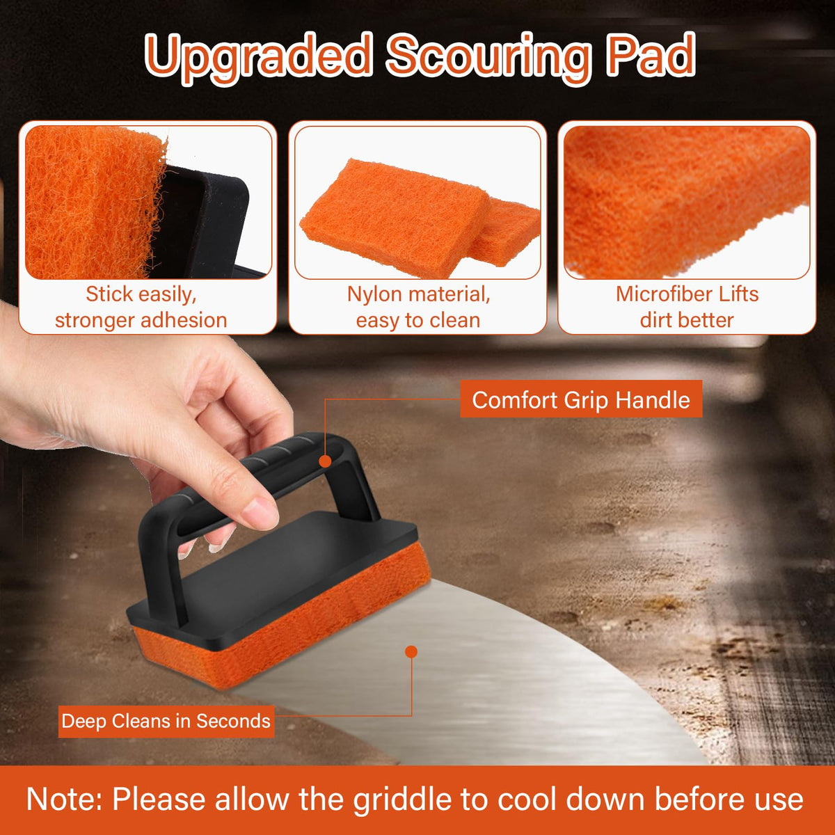 Exclusive Griddle Cleaning Kit for Grill by Curat Cart features upgraded scouring pad for deep cleaning. Perfect for effortless maintenance.