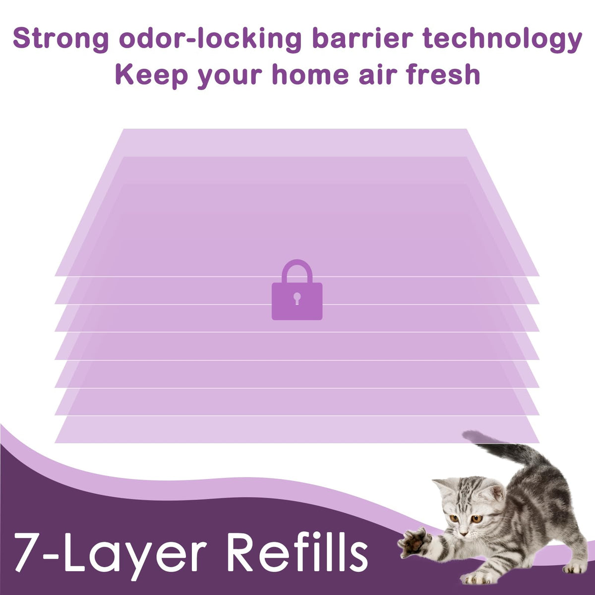 Cat Litter Refill Roll Bags featuring strong odor-locking barrier technology for freshness. Available at Curat Cart.