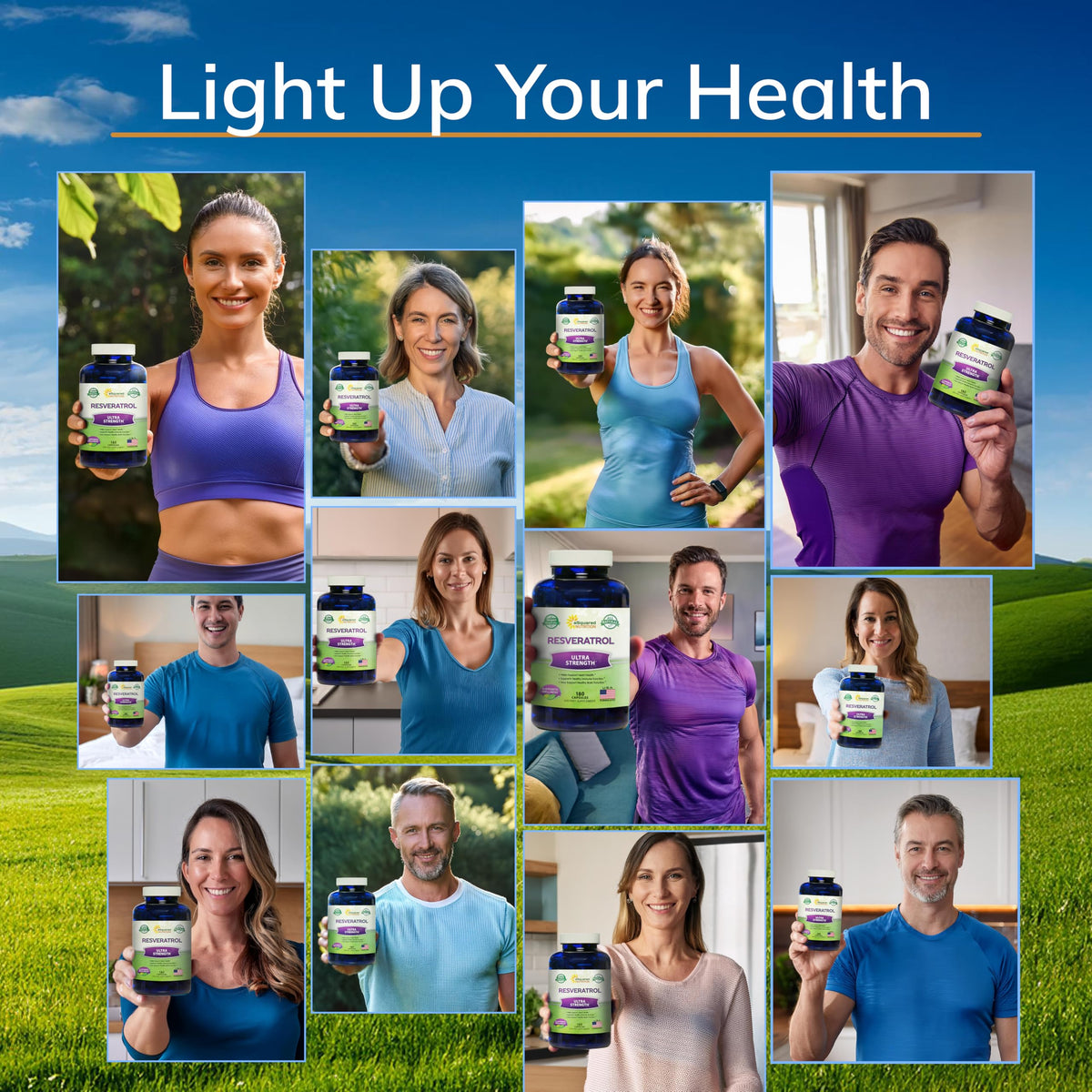 Discover the power of our Natural Resveratrol Supplement 1000mg, showcased by happy users enjoying their health journey.