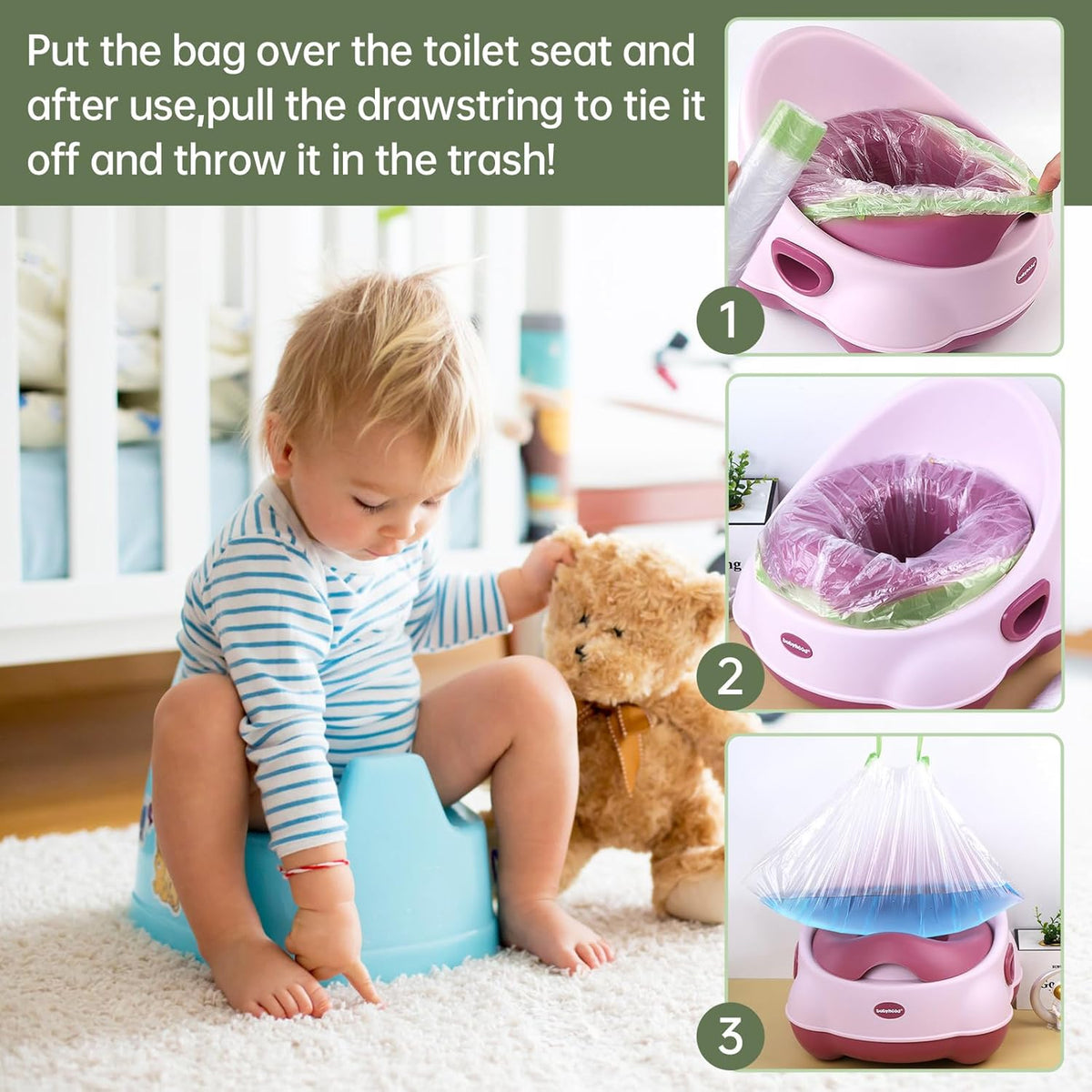 Potty chair liners with drawstring shown in use, demonstrating easy disposal for parents. Ideal for potty training.