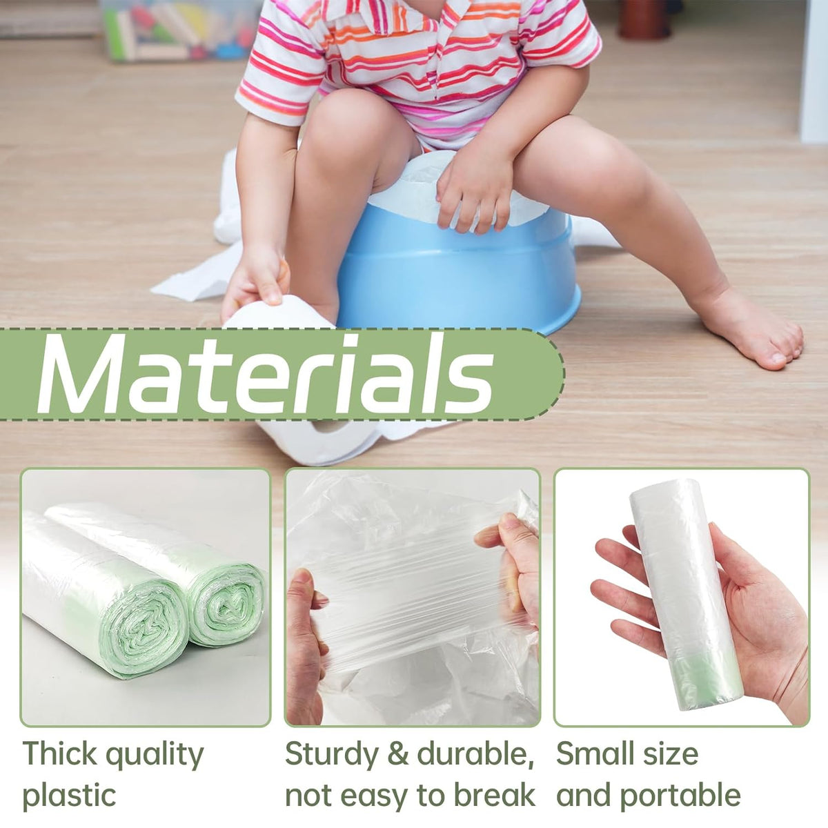 Premium imported potty chair liners with drawstring. Durable, compact design for easy use and portability.