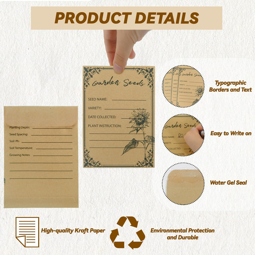 High-quality self-seal seed envelopes made from durable Kraft paper, perfect for easy labeling and storage at Curat Cart.