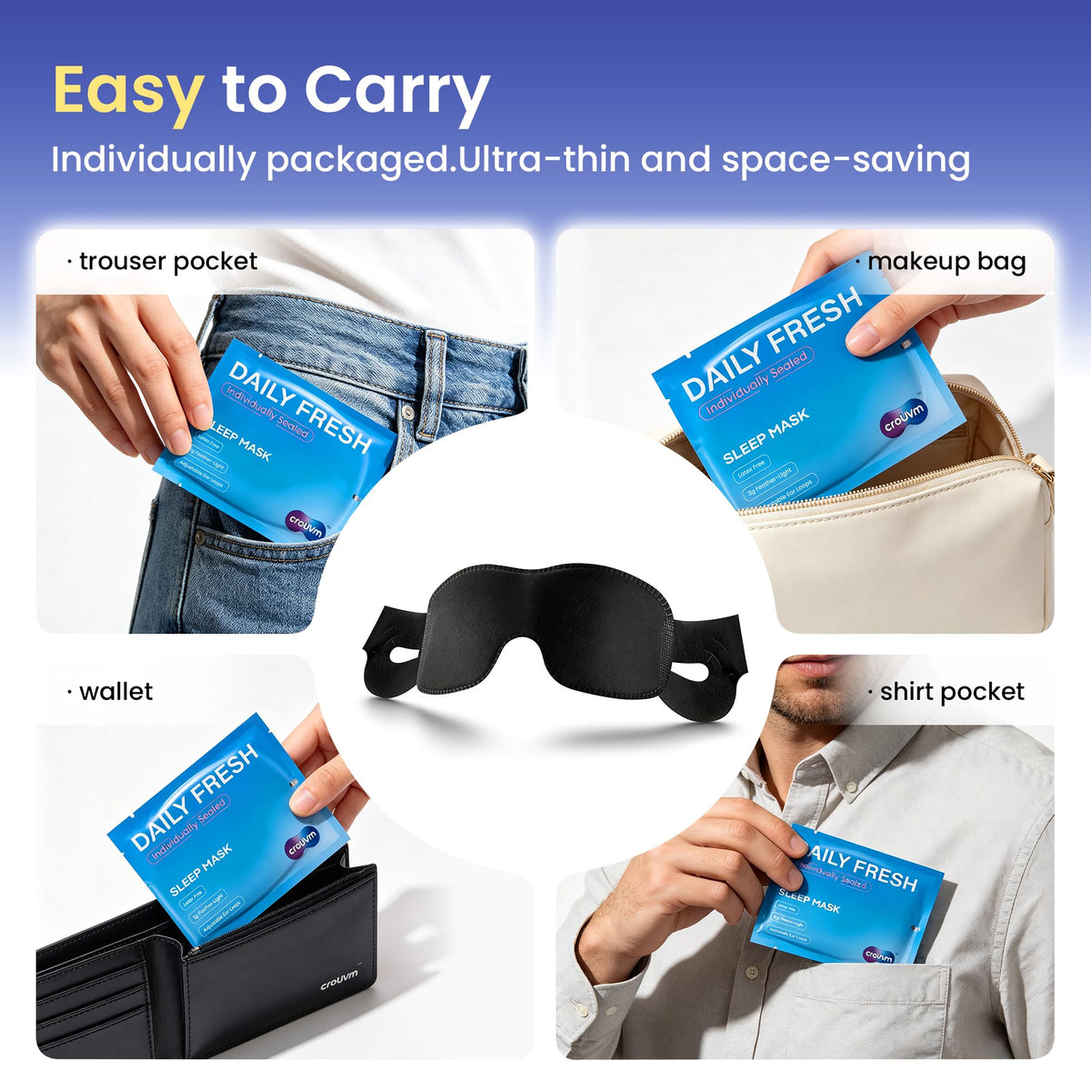 Disposable Sleep Masks Bulk in official packaging, ultra-thin and easy to carry. Available at Curat Cart.