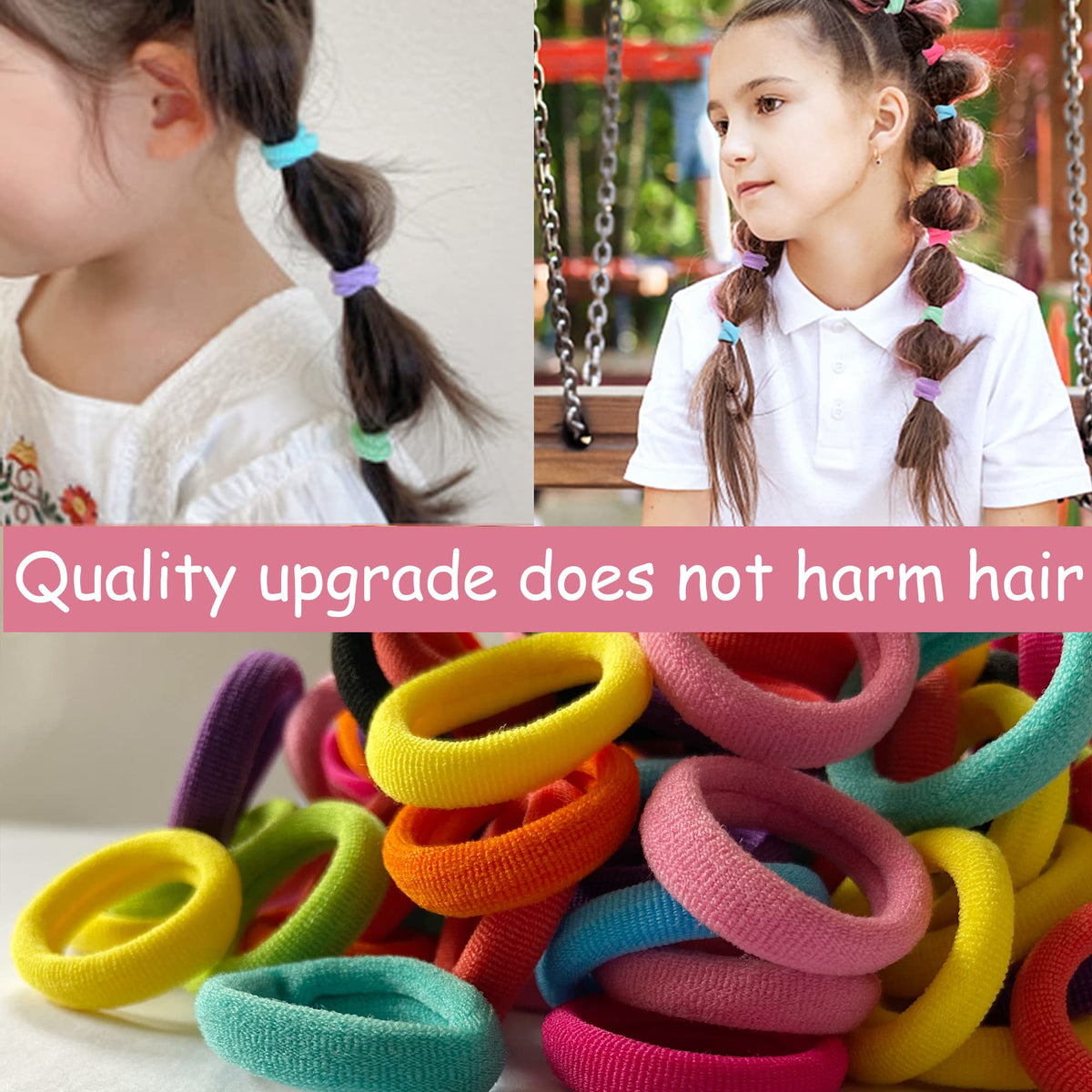 Premium imported baby hair ties in vibrant colors for gentle ponytail holding without hair damage.