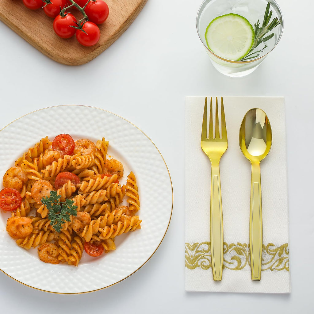 Elegant gold plastic forks disposable utensils, featured in high-quality finish, perfect for upscale dining. Available at Curat Cart.
