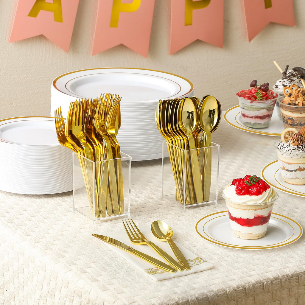 Premium imported gold plastic forks disposable utensils, perfect for elegant events. Available at Curat Cart.