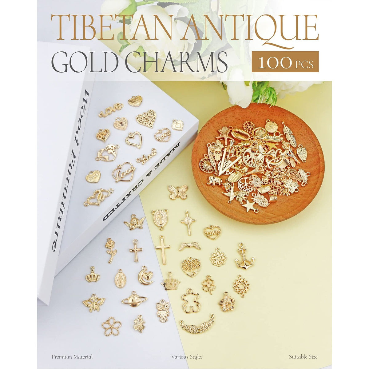 Explore 100 premium Tibetan antique gold charms pendants, featuring various styles in high-quality packaging at Curat Cart.