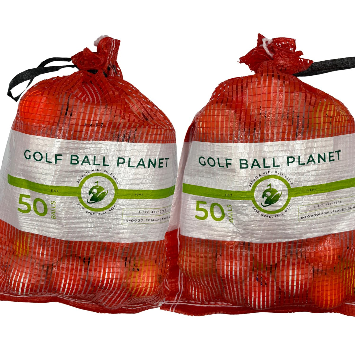 Premium imported Used Golf Ball Mix in red mesh bags, featuring 50 balls each, available at Curat Cart for golf enthusiasts.