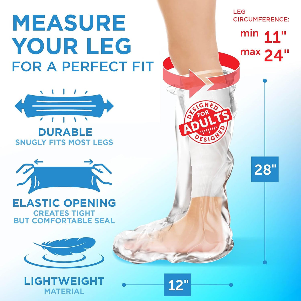 Premium imported waterproof cast cover for adults. Lightweight, durable, and designed for a snug fit. Perfect for showers.