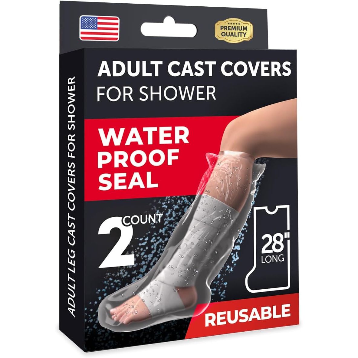 100% Genuine waterproof cast covers for shower. Reusable, adult size, 28-inch long, two-count pack for effective protection.