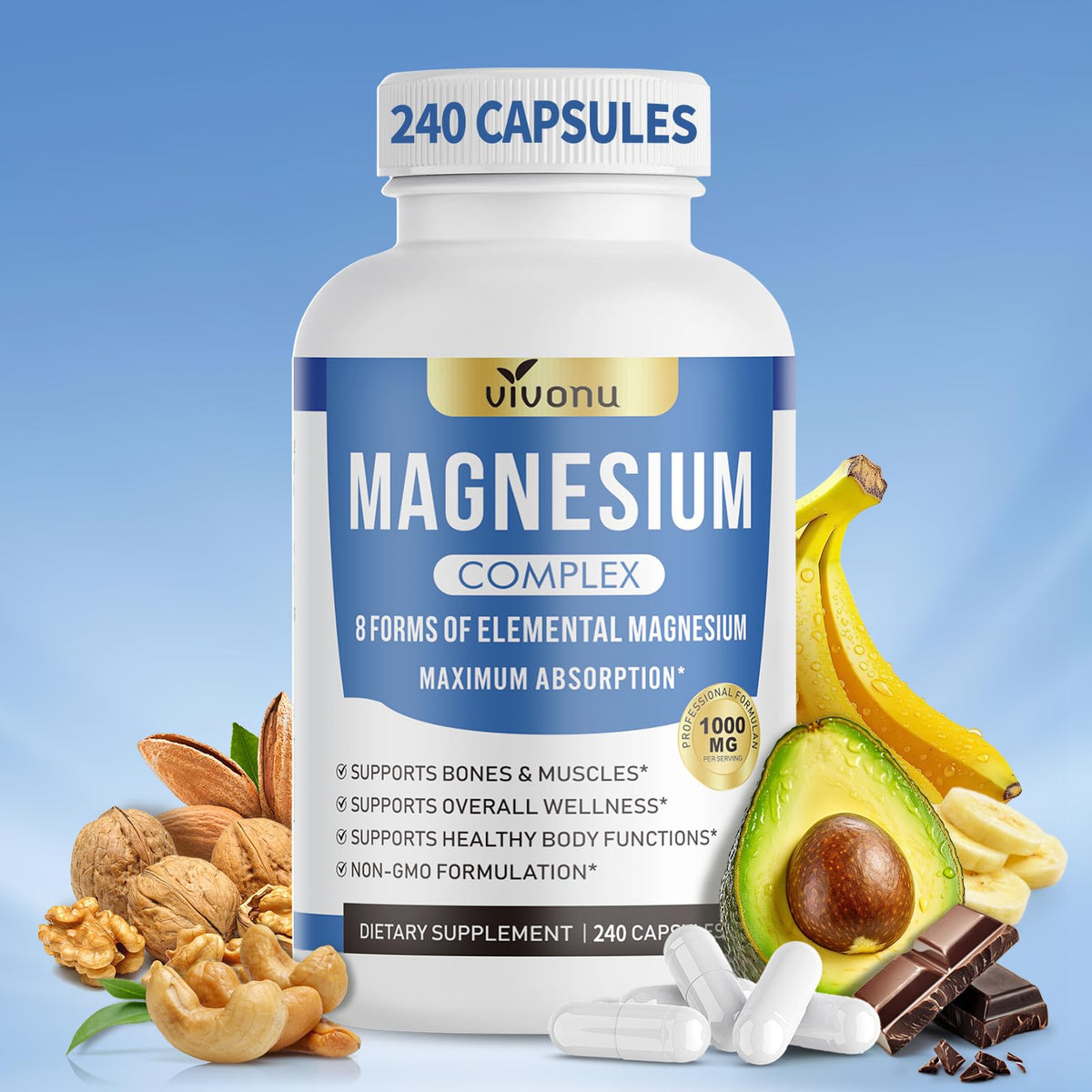 Premium imported Magnesium Complex Capsules 1000mg for optimal absorption, supports bones and muscles, available at Curat Cart.