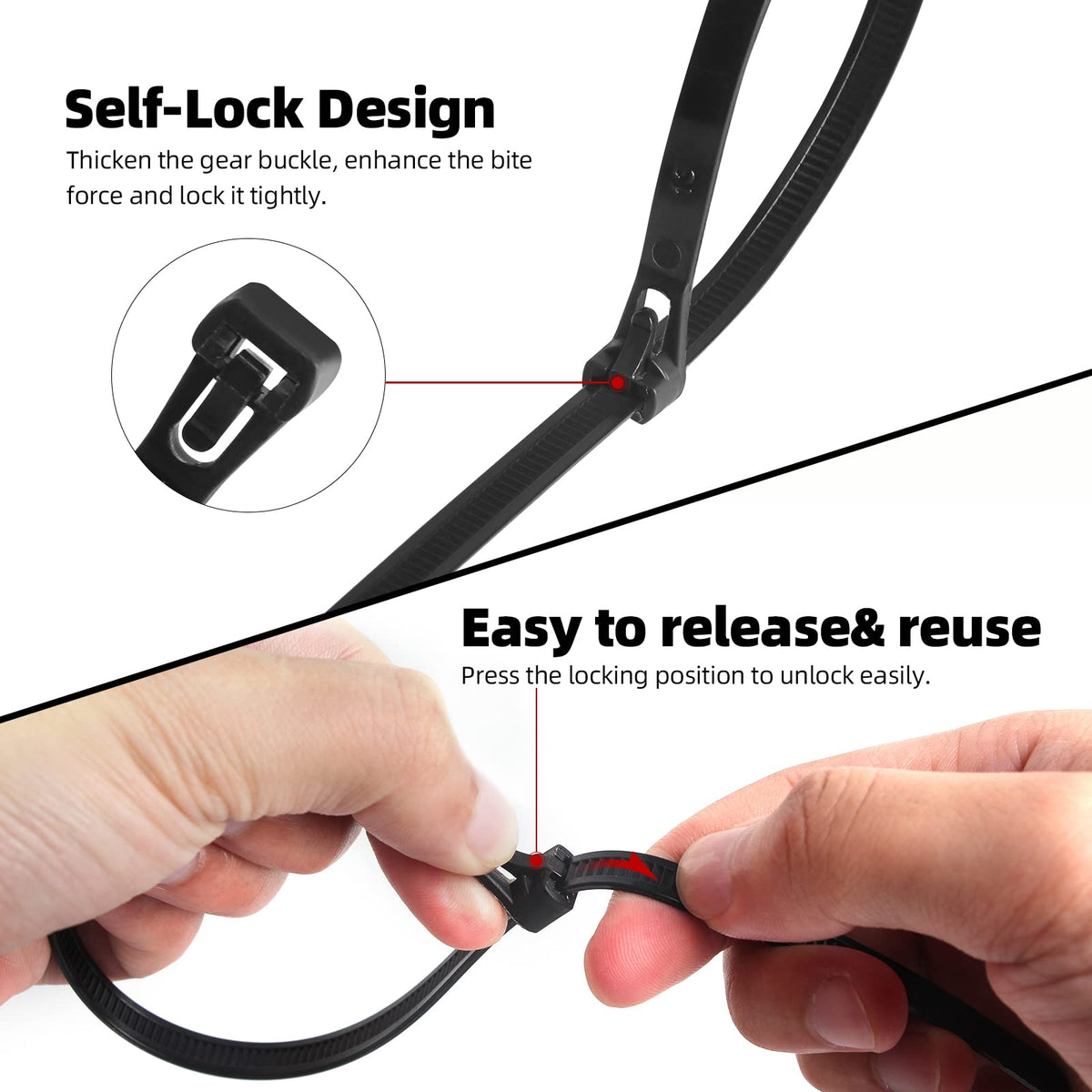 Original heavy-duty industrial zip ties featuring a self-lock design for easy release and reuse. Perfect for various applications.