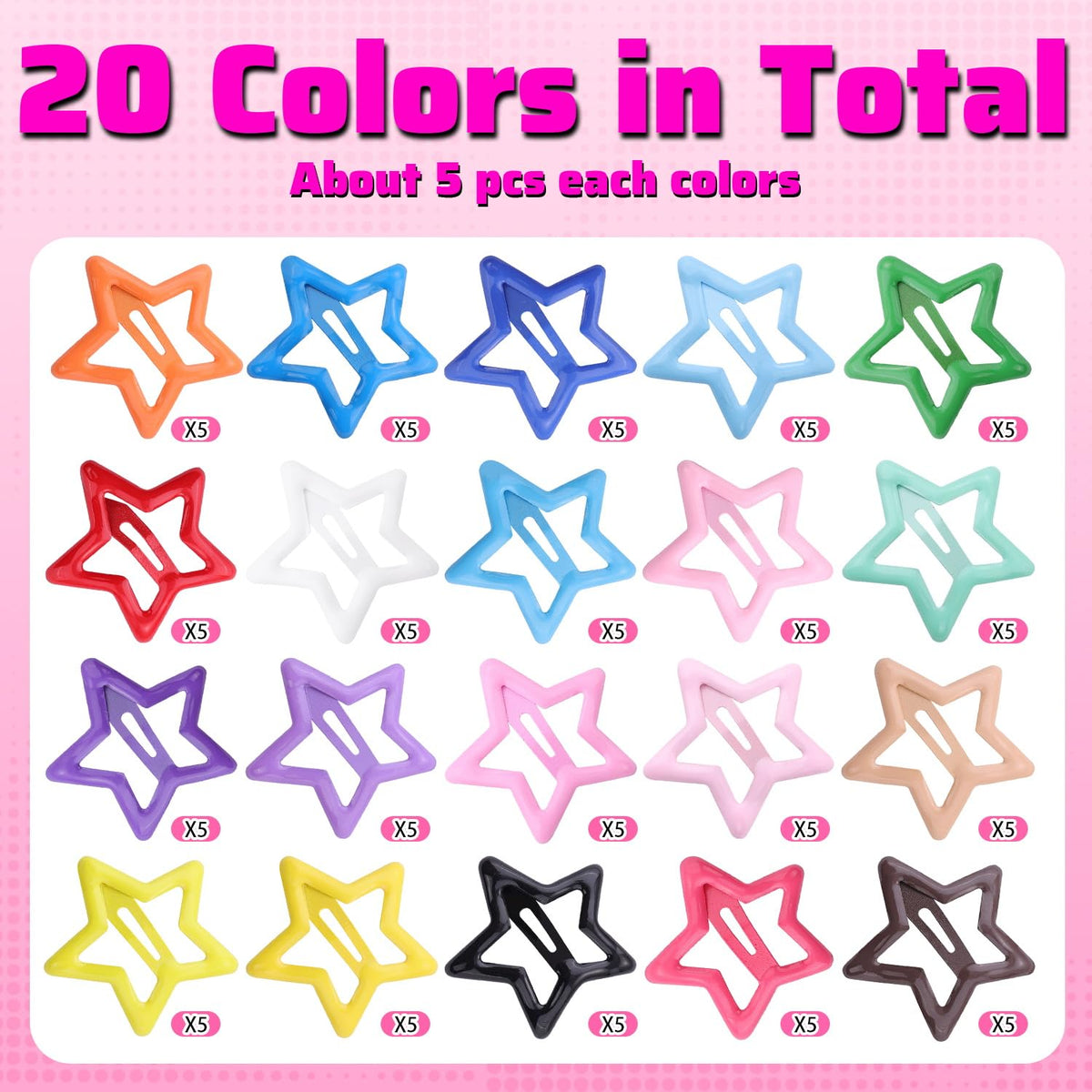 Colorful Star Hair Clips in high-quality finish, featuring 20 vibrant colors, available at Curat Cart. Perfect for stylish hair accessories.