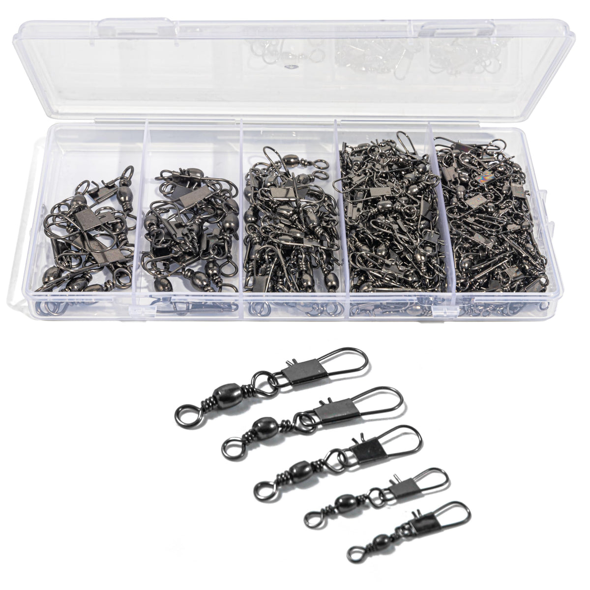 Premium imported Fishing Swivels Barrel Snap Tackle neatly organized in a transparent tackle box at Curat Cart. Perfect for anglers.