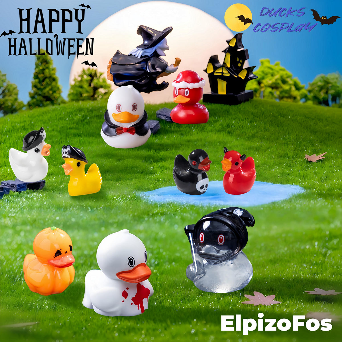 Mini Resin Ducks Figurines in vibrant Halloween themes, showcasing high-quality finish. Available at Curat Cart.