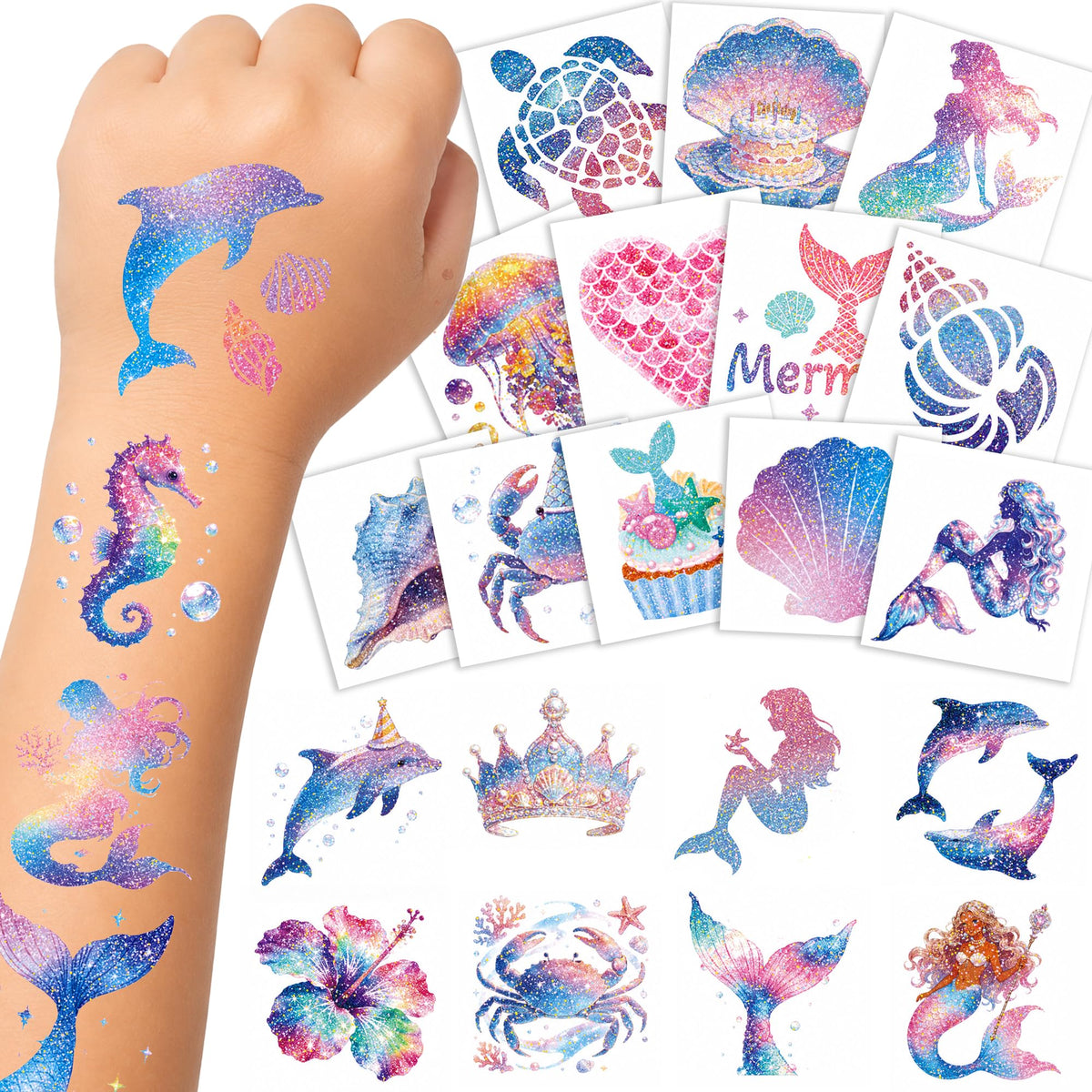 Premium imported Glitter Mermaid Temporary Tattoos featuring vibrant ocean-themed designs. Available at Curat Cart.