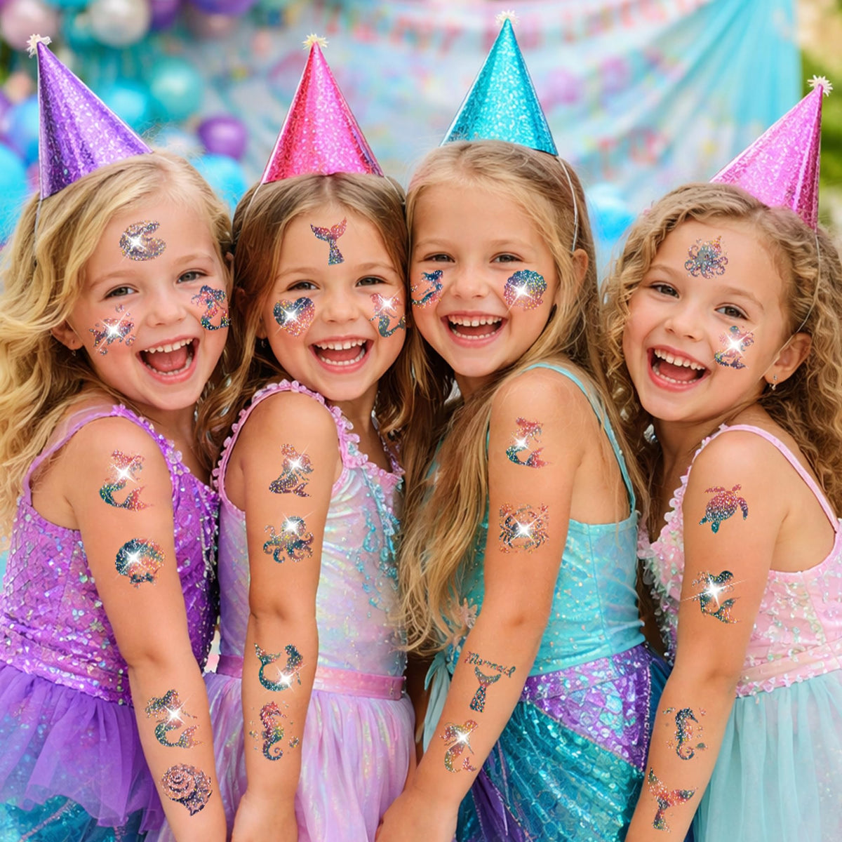 Glitter Mermaid Temporary Tattoos enhance fun celebrations. Perfect for parties, available at Curat Cart.