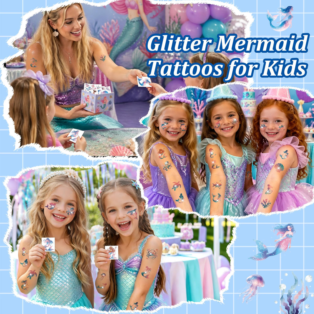 Sparkle with Glitter Mermaid Temporary Tattoos from Curat Cart, 100% Authentic and available in India for fun kids' parties.