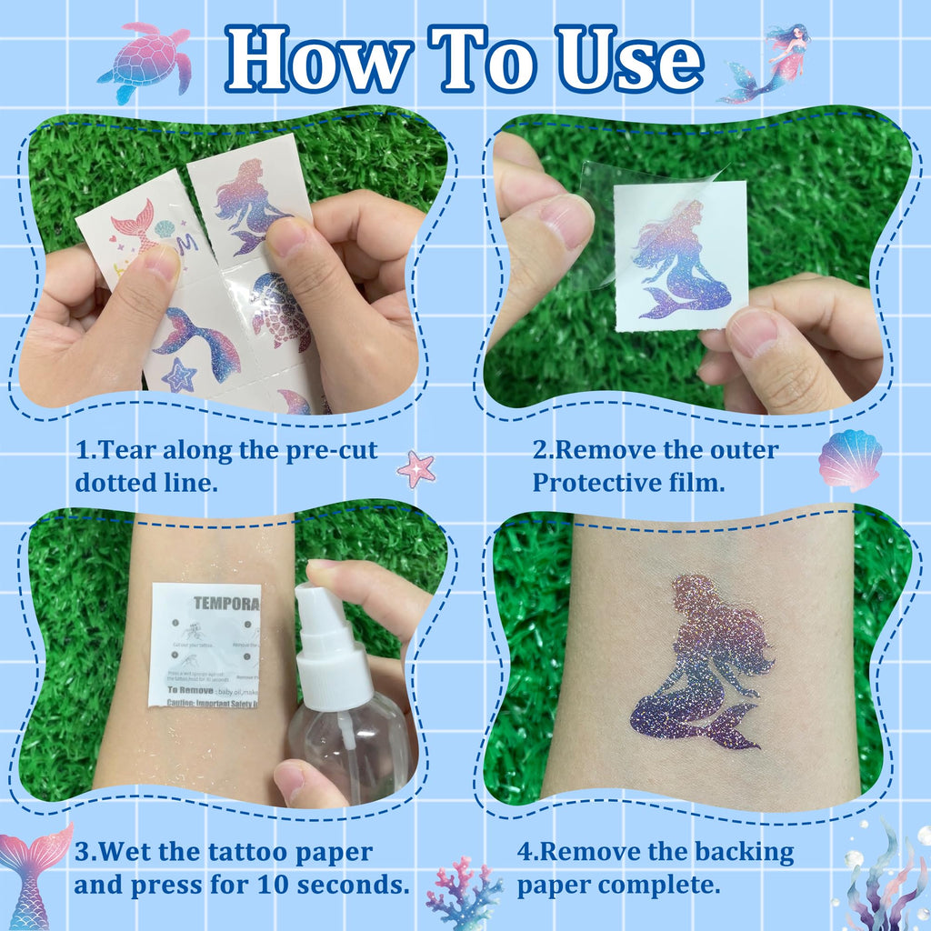Glitter Mermaid Temporary Tattoos from Curat Cart showcase a premium imported design, perfect for creative and fun body art. 