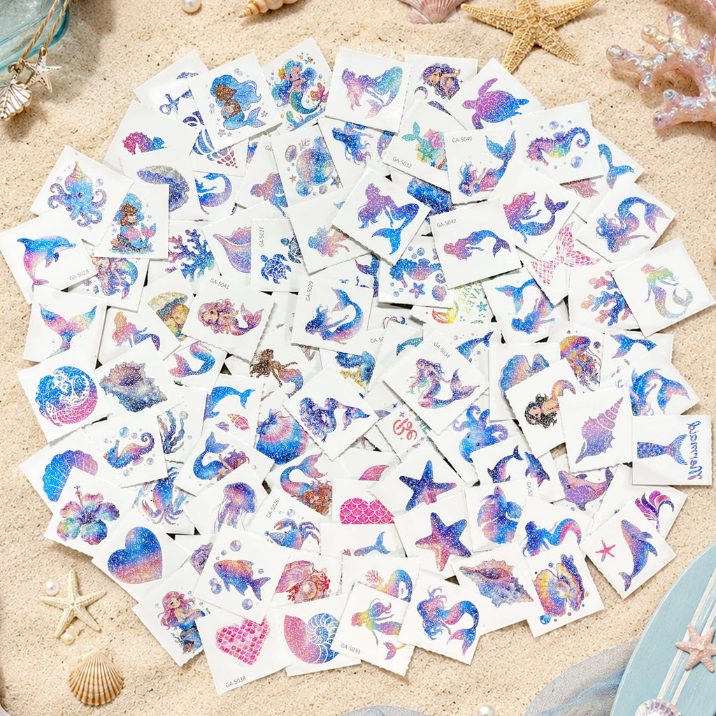 Colorful Glitter Mermaid Temporary Tattoos in high-quality packaging, perfect for creative fun. Available at Curat Cart.