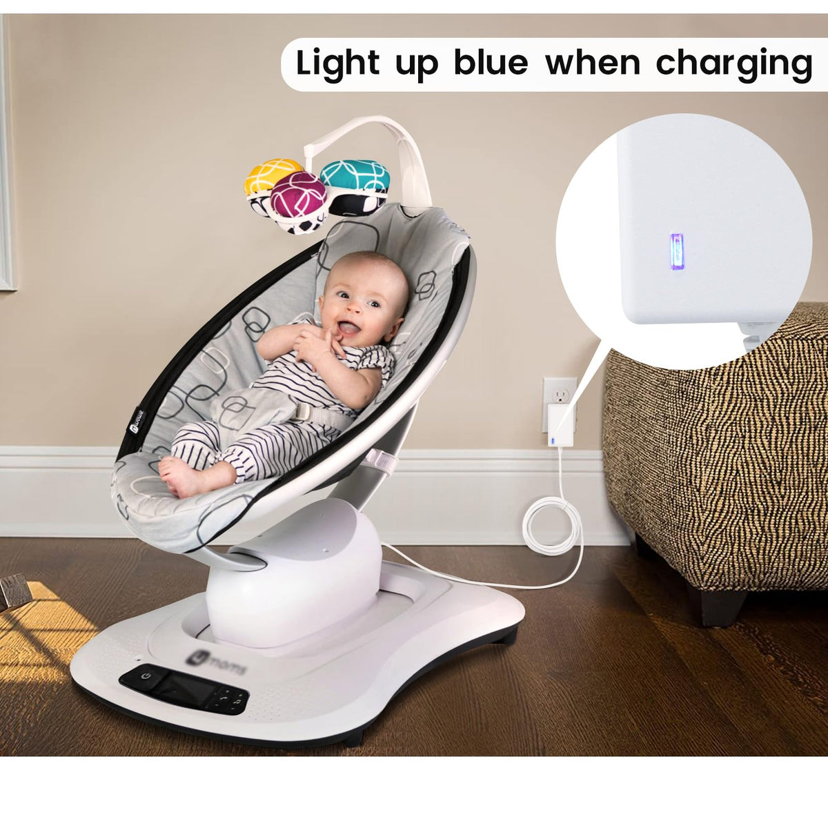 The 4moms mamaRoo Charger features a blue charging light, perfect for daily use. Available at Curat Cart for your convenience.