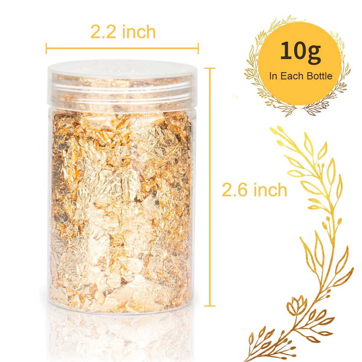 Premium Gold Foil Flakes for Crafts in high-quality transparent packaging, 10g per bottle, available at Curat Cart.