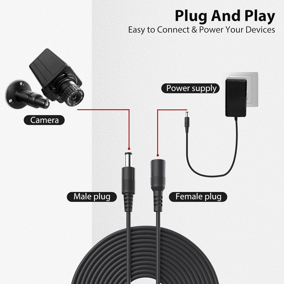 Official DC 12V CCTV power extension cable, featuring male and female plugs for easy connection to devices.
