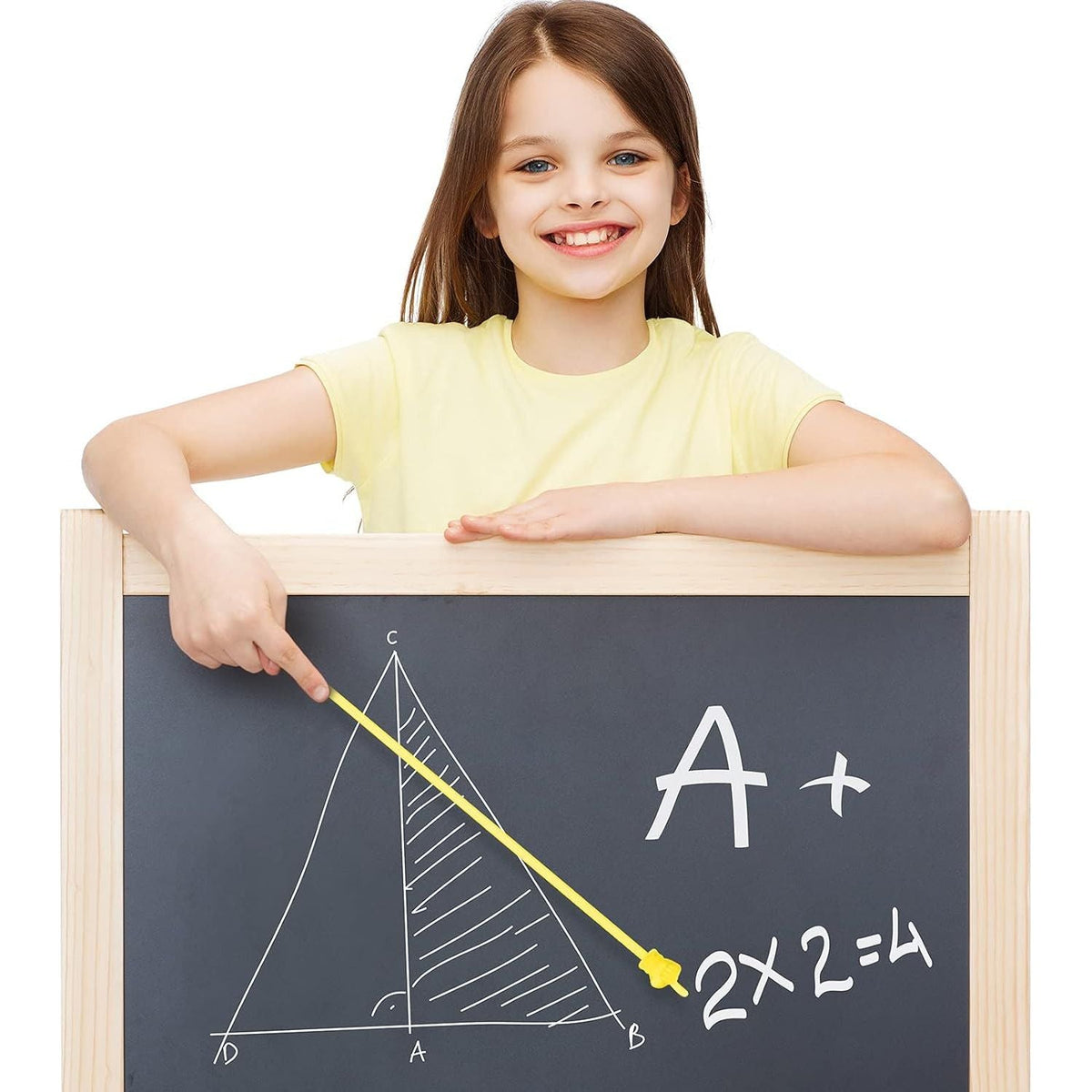 Bright yellow mini hand pointer in use by a smiling girl to highlight a triangle on a chalkboard. Available to order online in India.