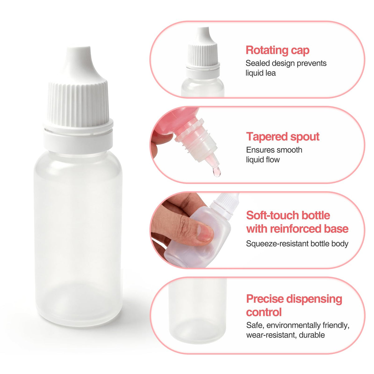 Small Plastic Dropper Bottles with tapered spout and rotating cap, specially curated by Curat Cart for precise dispensing.