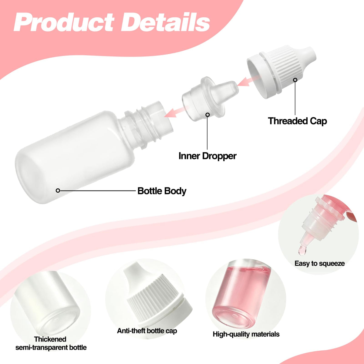 Small plastic dropper bottles in high-quality materials with threaded caps, available at Curat Cart for versatile use.